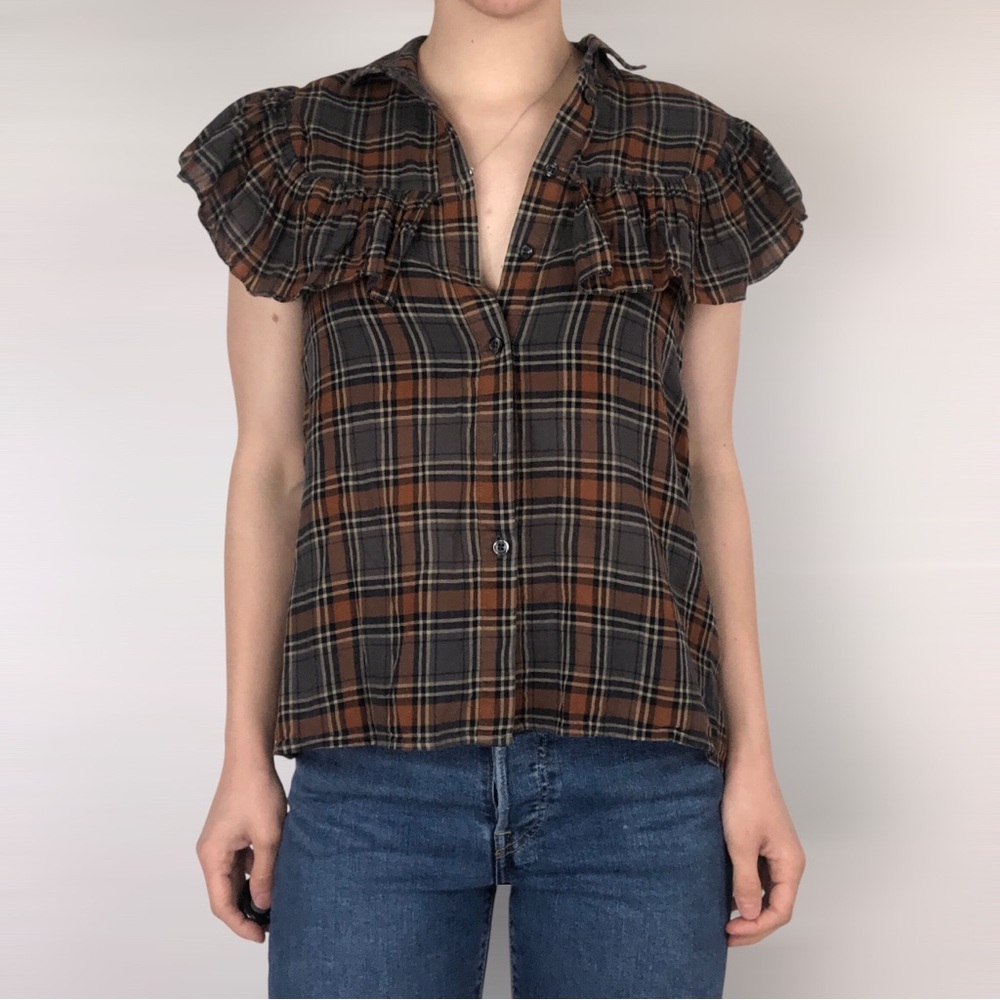 The GREAT. Plaid Button Up Flutter Short Sleeve Blouse Brown‎ Size 0